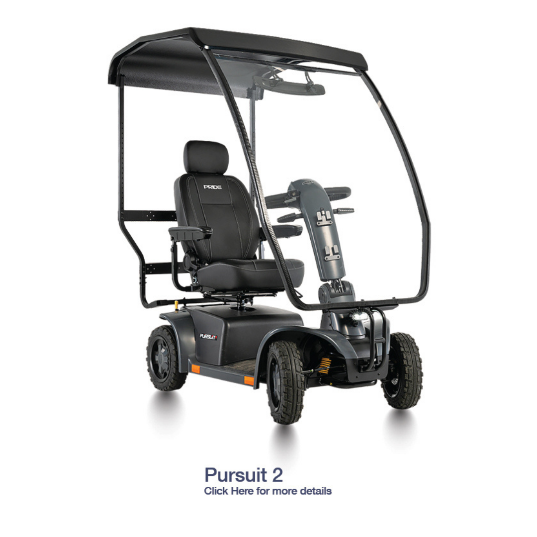 A black Pride Mobility scooter with a hard top canopy accessory for outdoor protection features a padded seat, armrests, and four wheels. Labeled Pursuit 2. Click here for more details.